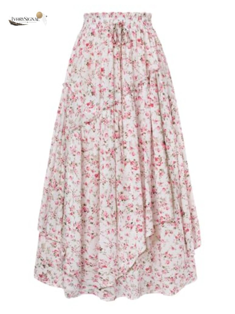 Floral Maxi Skirt Elastic Waist Drawstring Tiered A-Line Flowy Long Skirt